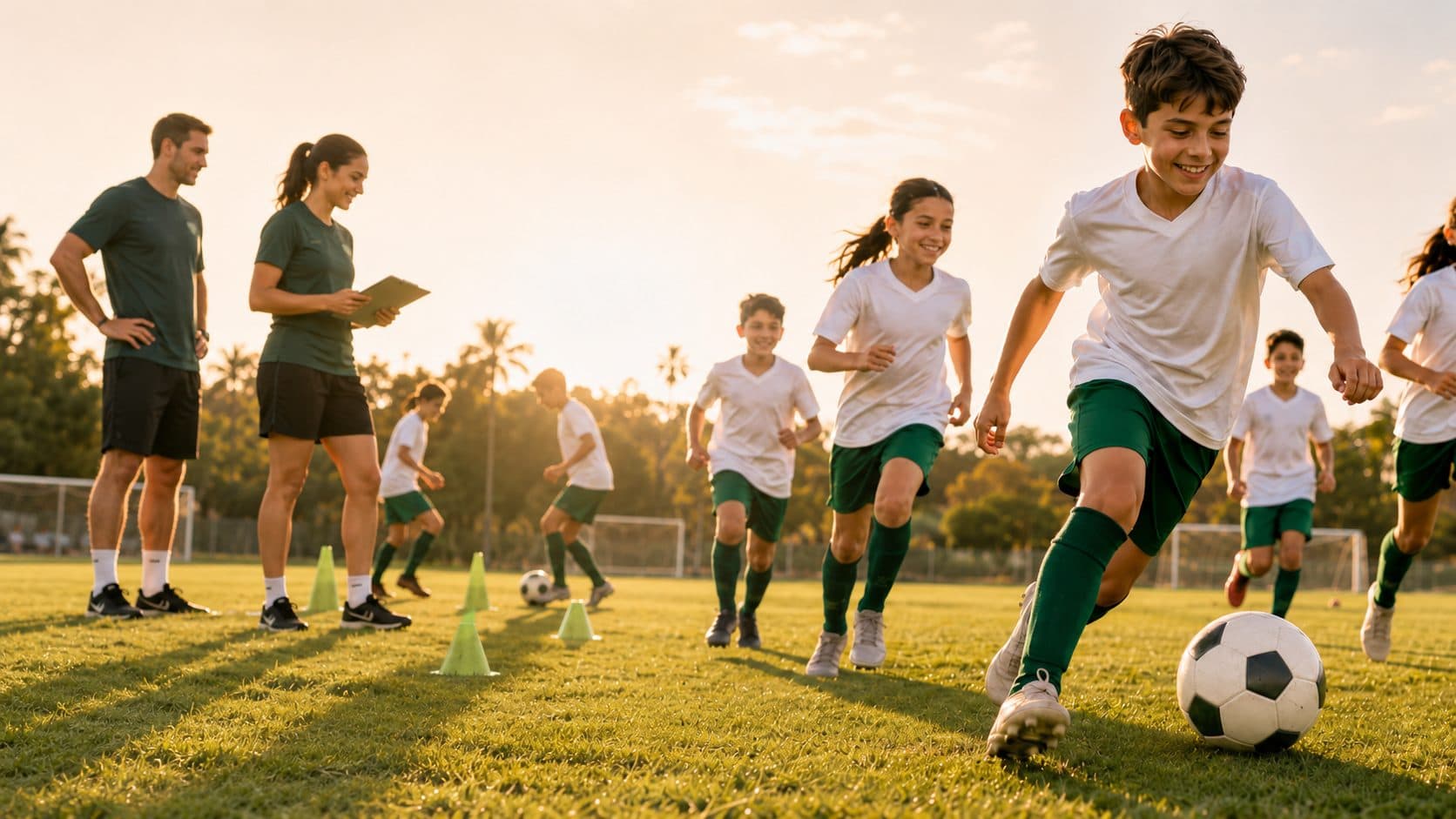 Chicas y chicos de la escuela de fútbol Deportivo Nogales corriendo con la pelota en la cancha